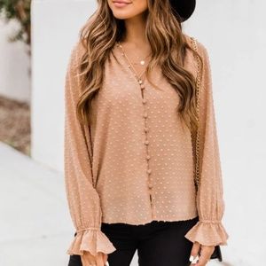 Pink Lily Wander the City Swiss Dot Brown Blouse